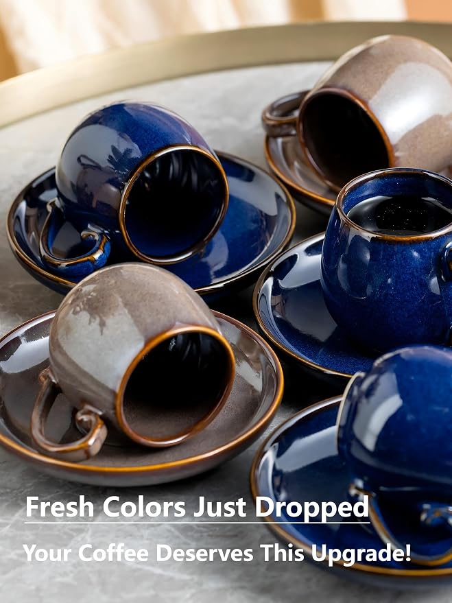 LYEOBOH 3 Ounce Espresso Cups and Saucers Set of 6, Ceramic Small Coffee Cups - Image 8