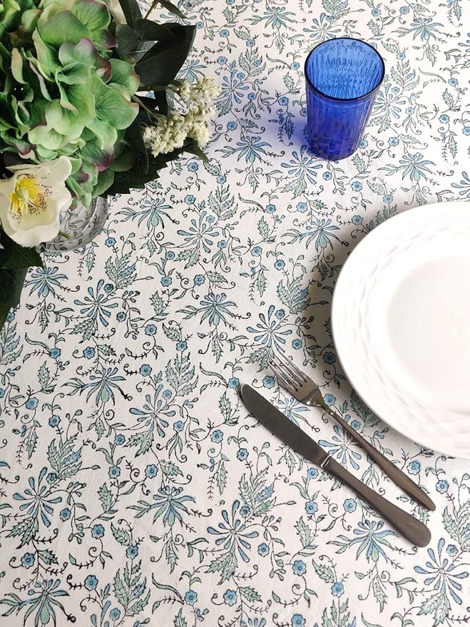 ATOSII Aster Blue 100% Cotton Square Boho Fall Tablecloth, Handblock Floral Table Cloth Linen for Kitchen Dining I Parties Wedding Outdoors Christmas Thanksgiving I Fall Home Decor 60 X 60 Inches