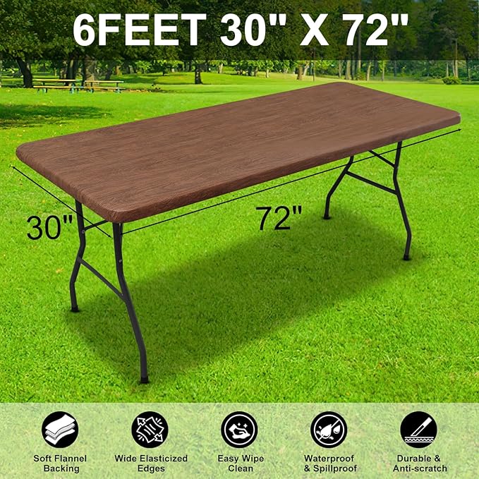 Smiry Rectangle Table Cloth Cover, Waterproof Elastic Fitted Picnic Tablecloth for 6 Foot Tables, Wipeable Flannel Backed Vinyl Tablecloths for Camping, Dining, Outdoor (Brown, 30" x 72")