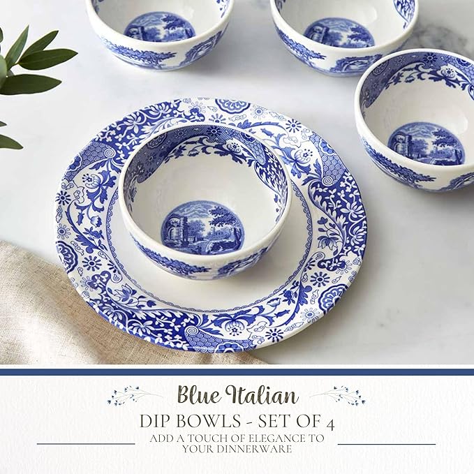 Spode Blue Italian Dip Bowl Set of 4-4-Inch Porcelain Bowls with Oriental Design, Dishwasher & Microwave Safe Tableware for Dip, Side, Appetizers, Dessert - Blue & White Dinnerware