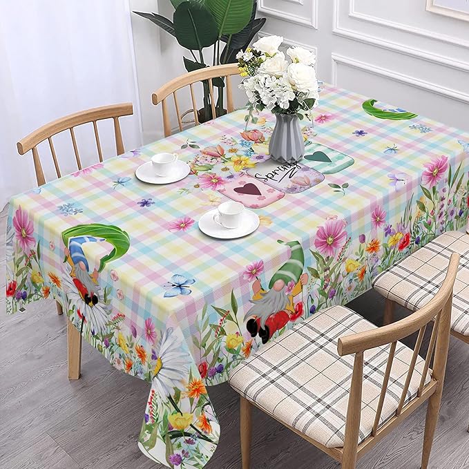 Spring Tablecloth Rectangle 60 x 84 With Gnome Flowers, Buffalo Check Plaid Kitchen Table Cover for Dining Room Indoor Decor