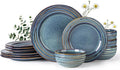 GBHOME Ceramic Dinnerware Sets,12 pcs Embossed Elegant Stoneware Plates and Bowls Sets, Housewarming Wedding Gift | Dishwasher & Microwave Safe | Dishes Set Service for 4,Ceylon Blue