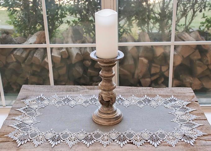 Lace Runner Earth Tone Silver Lace on Silver Fabric Table Runners, Dresser Scarf - Image 2
