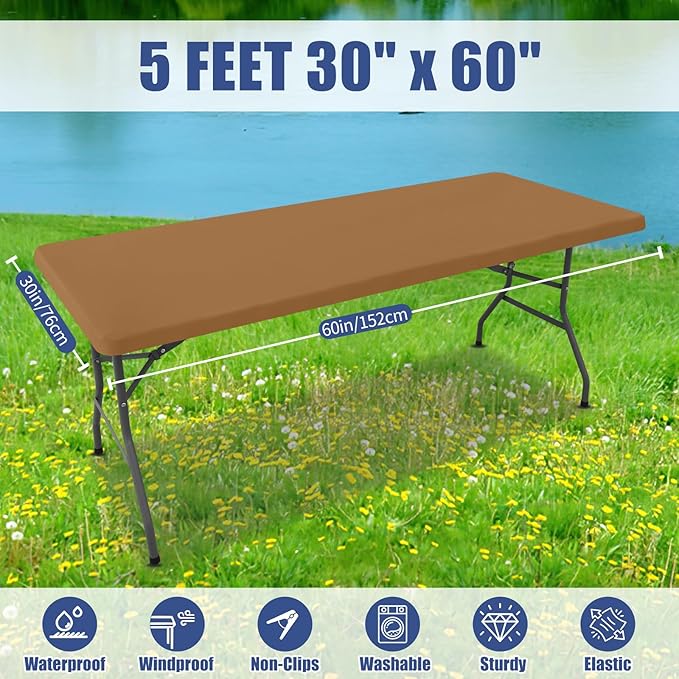 Spandex 5 Foot Rectangle Table Cloth 2 Pack, Elastic Fitted Tablecloths for Picnic, Stretch Washable Patio Table Cover for Outdoor, Camping, Banquet and Parties(Brown, 30"x60")