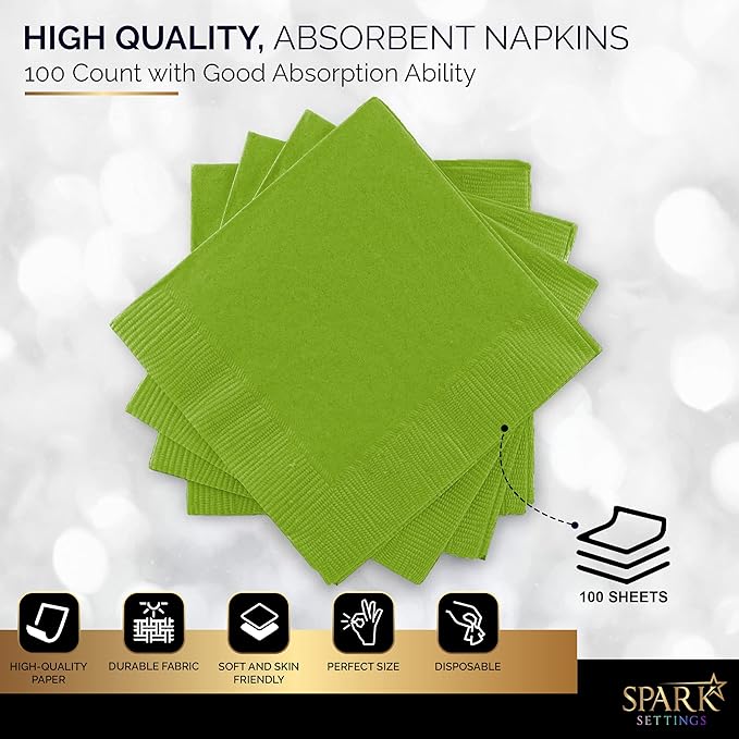 100 Pack Kiwi Green Beverage Napkins, Big Party Pack, 2 Ply, Ideal for Wedding, Party, Birthday, Dinner, Lunch, Cocktails. (5” x 5”) by Amcrate