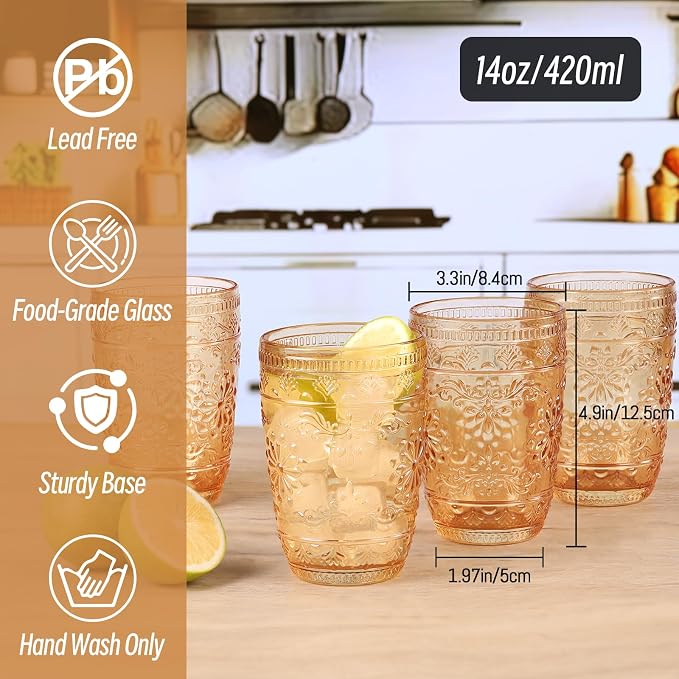 abrwyy Amber Drinking Glasses, Amber Glassware, 14oz Vintage Water Glasses | - Image 7