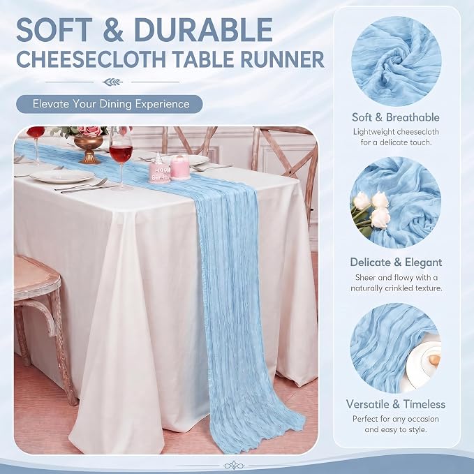 2 Pack Light Blue Cheesecloth Table Runner 17x108 Inch Boho Rustic Semi Sheer - Image 4