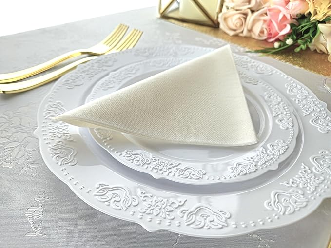 " OCCASIONS " 240 Plates Pack,(120 Guests) Vintage Wedding Party Disposable Plastic Plates Set-120x10.25'' Dinner +120x7.5'' Salad/Dessert Plate (Portofino Plain White)