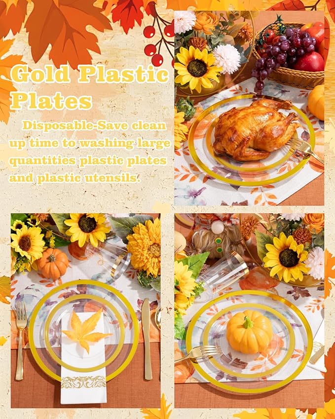 YOUBET 210PCS Gold Plastic Plates - Heavy Duty Clear Gold Disposable Plates Includes 30 Dinner Plate, 30 Dessert Plate, 30 Gold Cups, 30 Napkins for Party & Wedding