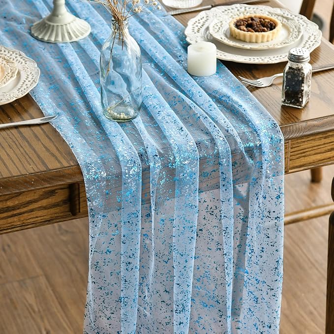 Artoid Mode 3PCS Light Blue Gauze Table Runner 120 Inch 10FT, Glitter Metallic Foil Sheer Dining Wedding Anniversary Holiday Table Decor for Home Party