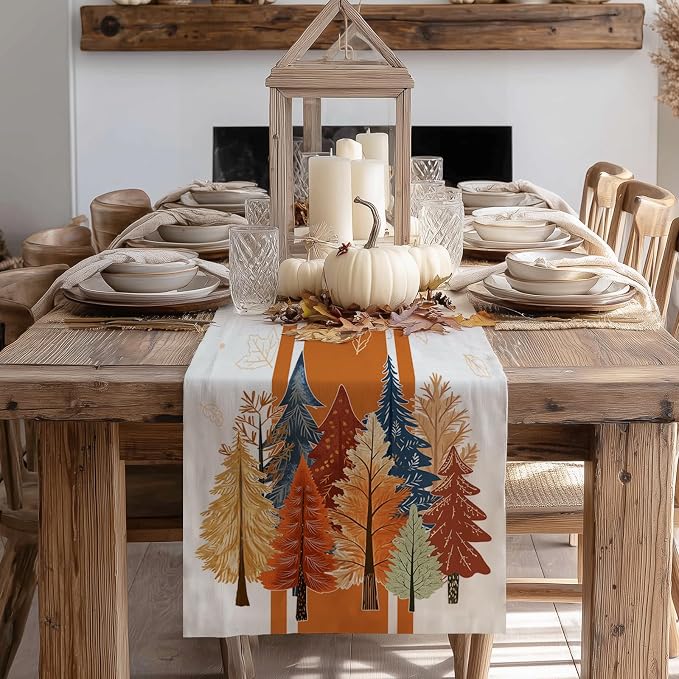 Fall Watercolor Tree & Maple Leaves Striped Table Runner 13x36 Inch, Rustic - Image 7