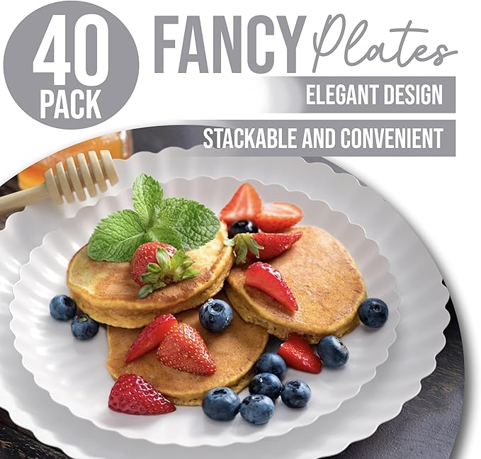 Trendables Floral Paper Plates 8.5 Inch & 10.5 Inch 40 Pcs Dinner Plate Set Fancy Disposable Plates for Party for 20 Guests 20 X 8 & 20 X 10 Large & Small Paper Plate Set for Parties Snow