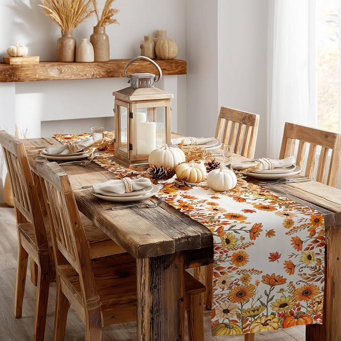 Fall Pumpkins and Sunflowers Table Runner 13x120 Inch, Maple Leaves Farmhouse - Image 8