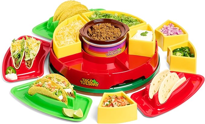 Nostalgia Taco Tuesday Heated Lazy Susan Taco Bar Serving Set for a Party with 4 Tortilla Holders, Fondue Pot for Burritos, Nachos, and Fajitas - 20 Oz. - Red