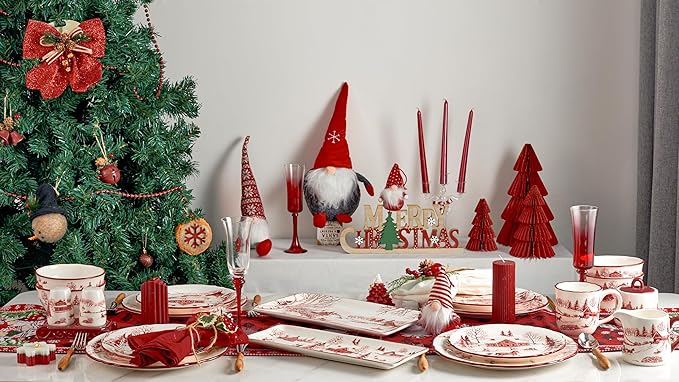 Bico Toile De Jouy Winter Wonderland Scalloped Salad Plates Set of 4, 8.75 Inch Ceramic Dessert Plates for Appetizer, Side Dishes, Microwave and Dishwasher Safe, Gift for Housewarming and Christmas
