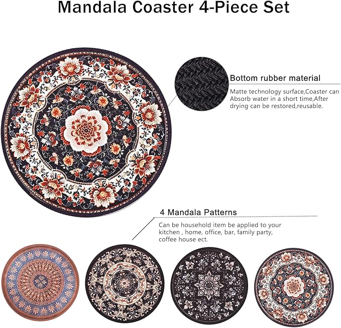 Bohemian Round Coasters Set of 4,Vintage Mandala Coasters for Drinks Absorbent Rubber Drink Coaster for Cup with Non Slip Backing Coffee Table Wine Glass Home Bar 4.7 inch