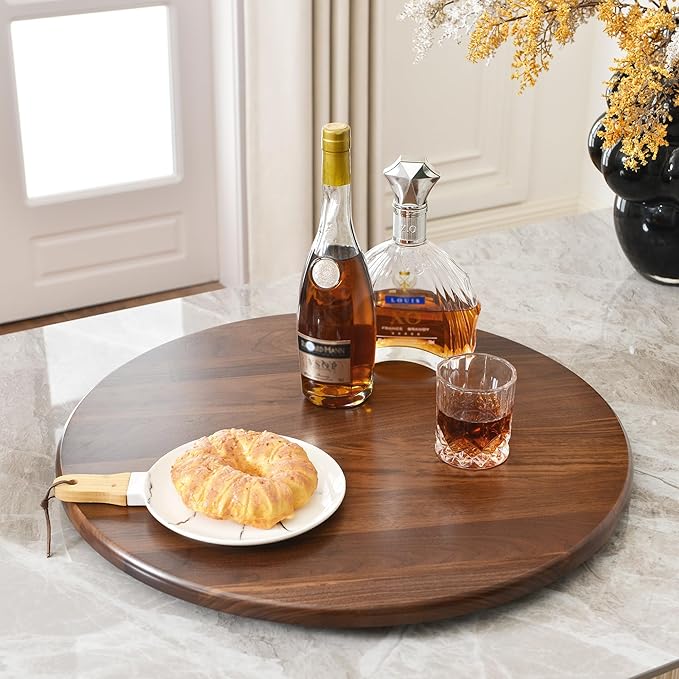 24 Inch Round Lazy Susan Turntable, 0.8” Thick Solid Black Walnut Rotating Tray with 12" Wide Swivel Base, Reinforced Back for Non-Deforming, 100% FSC Certified for Dining Table