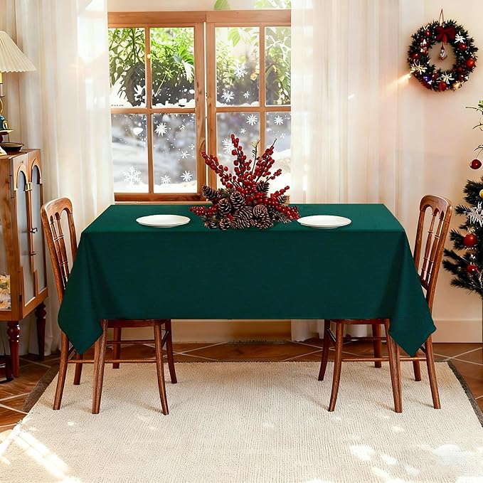 Winter Green Textured Fabric Rectangle Tablecloth Faux Linen Water Resistant Rectangular Table Cloth Washable for Dinig Party Holiday Decoration 60 x 102 Inch