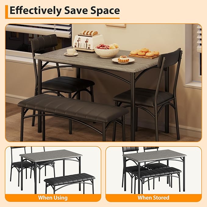 Dining Table Set for 4, Rectangular Kitchen Table and Chairs Set of 4 for Small Spaces, Modern Dining Room Table Set with Upholstered Bench and 2 Chairs, Space Saving Dining Furniture for Apartments