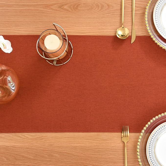 Faux Linen Table Runner Water Resistant 13 x 72 in, Rust | Farmhouse Rustic - Image 7