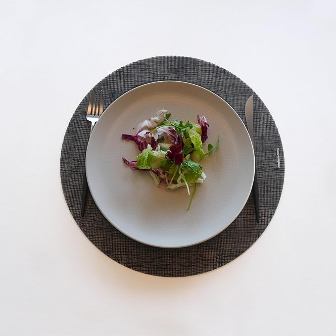 modern-twist 15" Round Silicone Placemat, BPA, PVC-Free Table Mat, Dishwasher Safe, Linen Print in Black, Pack of 1