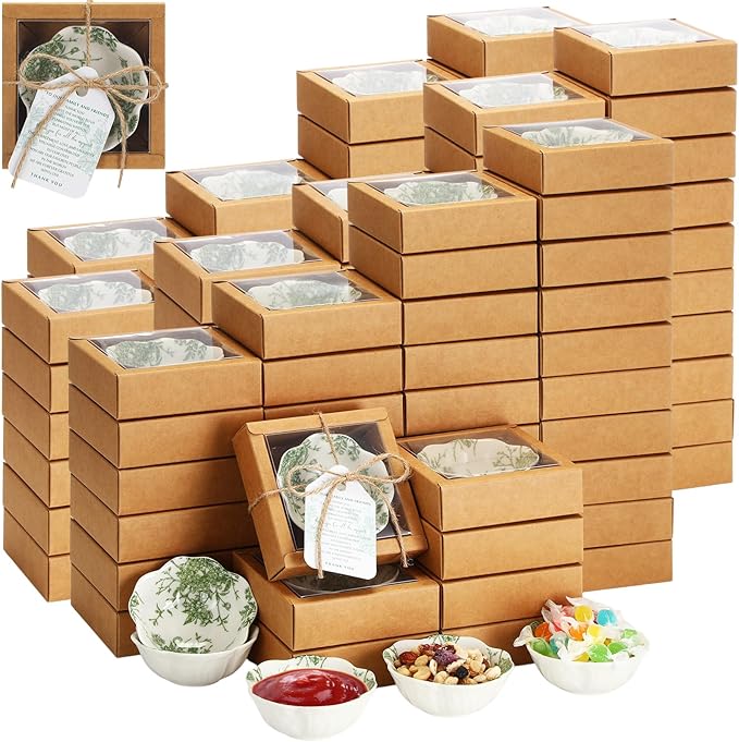 80 Pack Wedding Favors for Guests Small Ceramic Bowls Bulk Gifts Set 3.3 Inch Sage Green Verdure Design Mini Dipping Bowl Sauce Dish with Cards Box for Party Shower Favor Souvenir