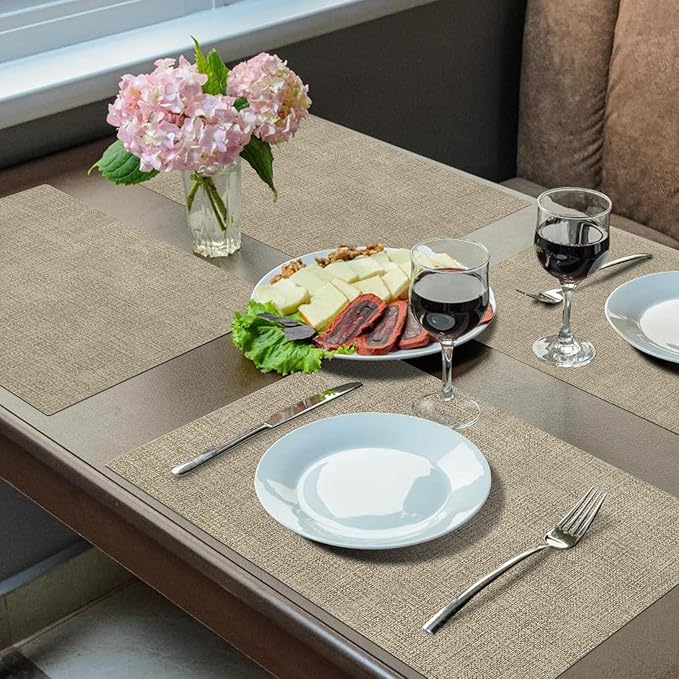 Faux Leather Placemats Set of 6 – Heat Resistant Table Mats Set of 6 Waterproof Wipeable Dining Fall Place Mats for Indoor & Outdoor, Easy to Clean - Khaki