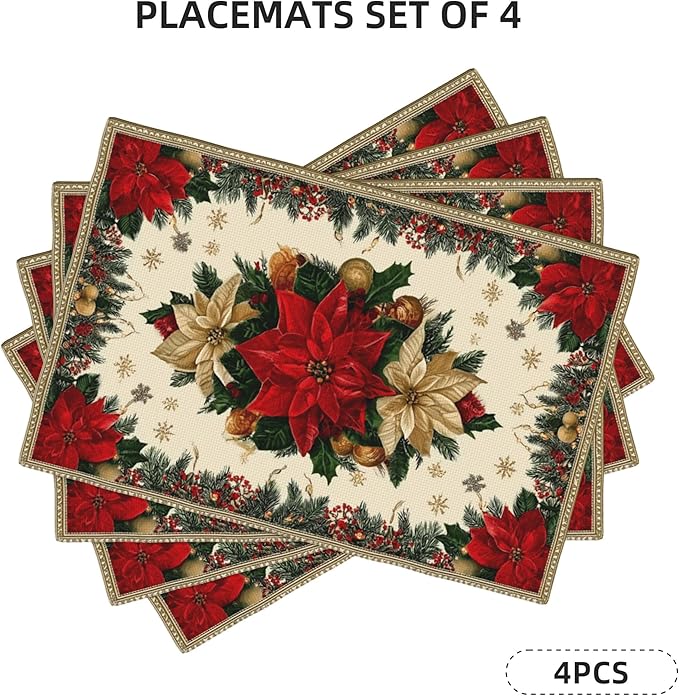 Christmas Poinsettias Placemats Set of 4 Washable Table Place Mats for Dining Kitchen Party Decor
