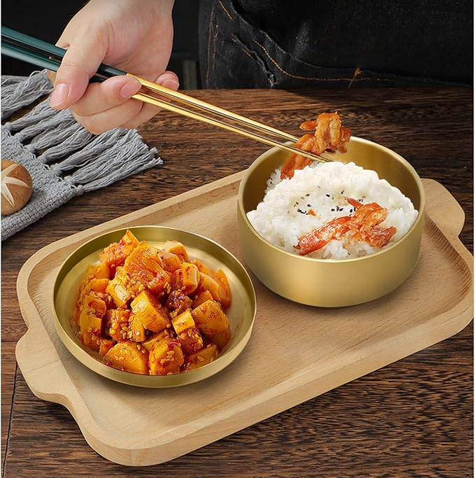 Stainless Steel Rice Bowl with Lid, Set of 2, for Korean Kitchen Restaurant, Double-walled Metal Bowls, Multi-Purpose Insulated Soup Bowls Snacks Bowls (11.5cm Gold)