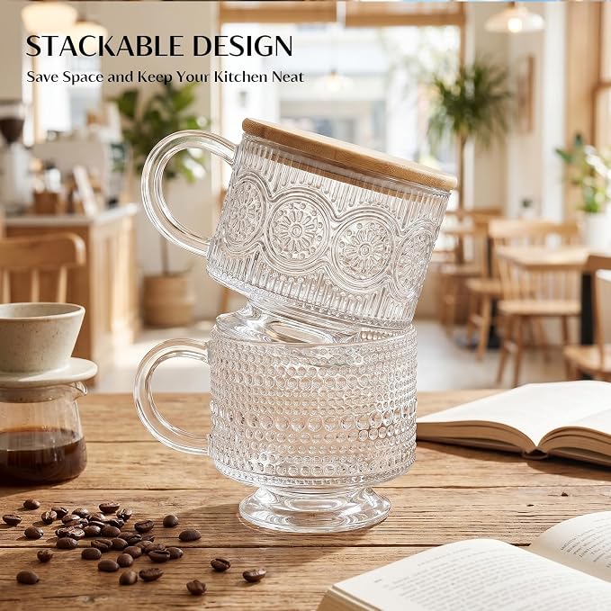 INSETLAN Vintage Glass Coffee Mugs 14 oz Set of 4, Embossed Overnight Oats - Image 9