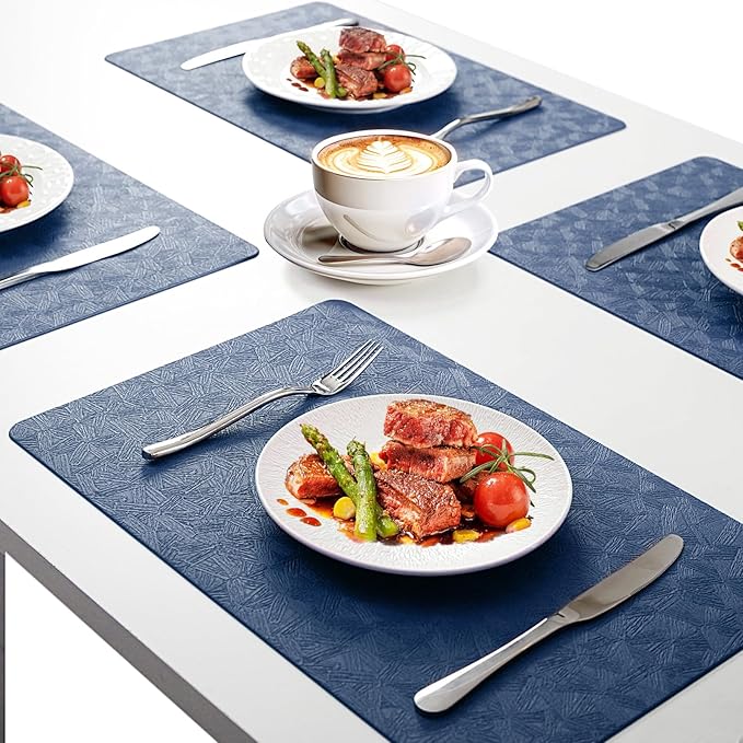 Vinyl Placemats Set of 8 Faux Leather 100% Waterproof Wipeable Washable Place Mats Heat Resistant Easy Clean Non-Slip Table Mats for Indoor Outdoor. (8,Blue)