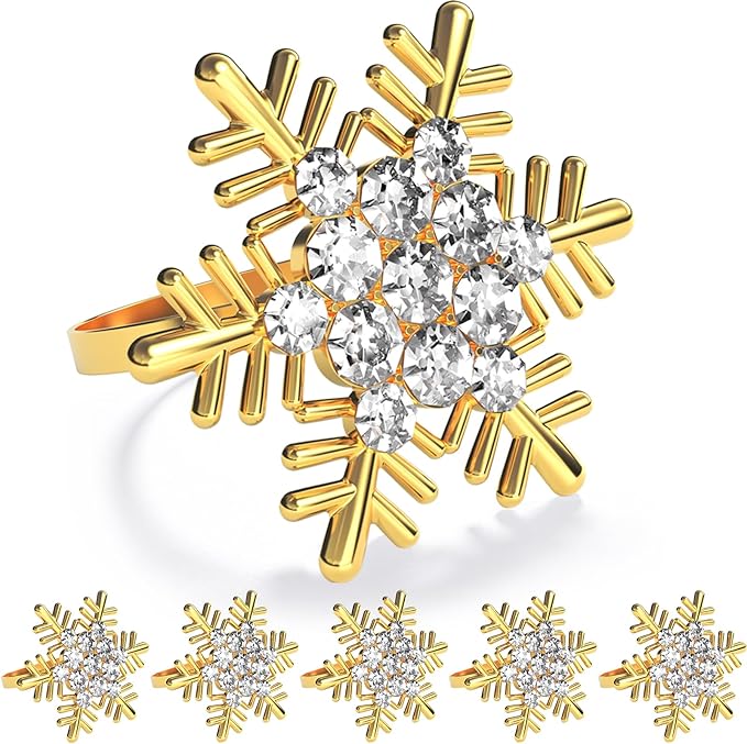 ZeeDix Christmas Gold Snowflake Napkin Rings Set of 6, Napkins Ring for Dinning Table - Rustic Dinner Tables Decoration for Wedding Receptions Christmas Thanksgiving Holiday Party Dinner Parties