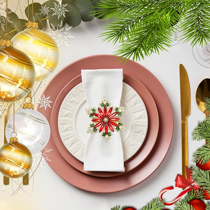 ZeeDix Christmas Crystal Snowflake Napkin Rings Set of 8- Rustic Dinner Tables Setting Decoration for Wedding Receptions, Christmas Holiday Party Dinner Parties