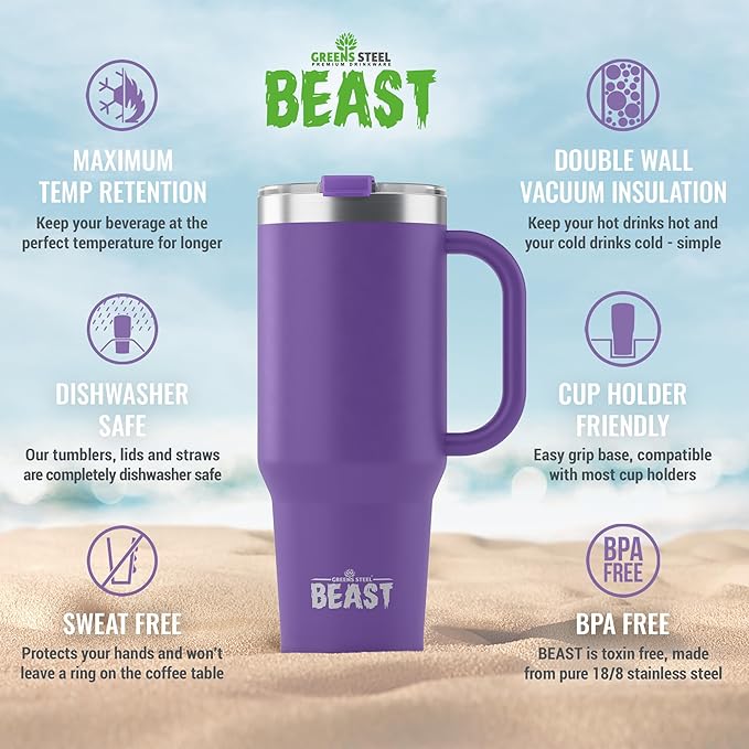 Beast 42 oz Tumbler with Handle Stainless Steel Vacuum Insulated Coffee Ice Cup Double Wall Travel Flask (Deep Purple)