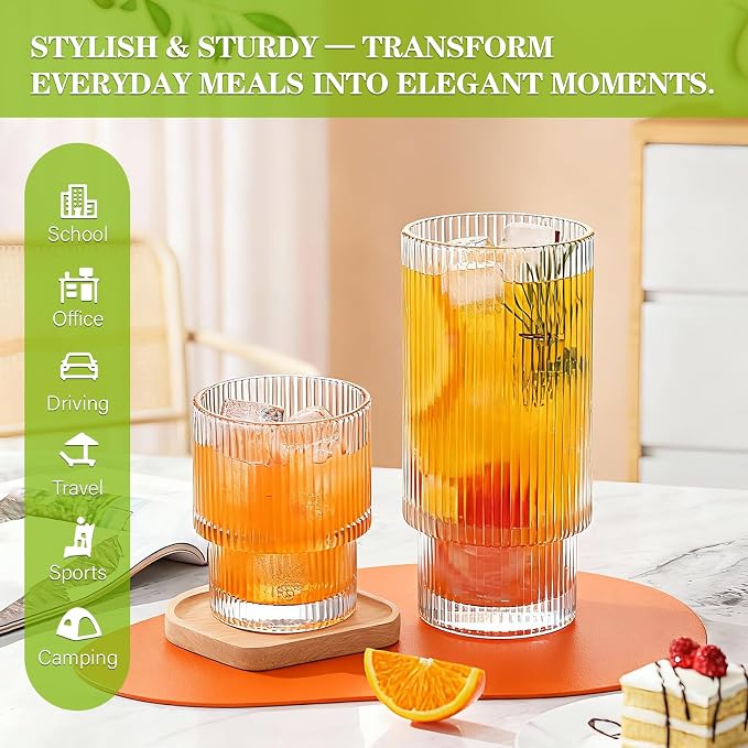 Ribbed Drinking Glasses Set of 8, Stackable Cute Kitchen Glasses Cups 16oz and - Image 6