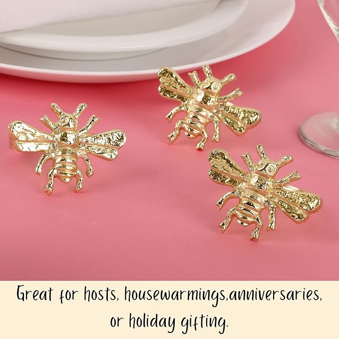 ALPHA Living HOME 12 Pcs Bee Napkin Rings - Decorative Metal Napkin Rings Table Decor Dining Table Cloth Napkin Holder for Christmas Wedding Holidays Dinners Party Supplies Everyday Use (Gold)