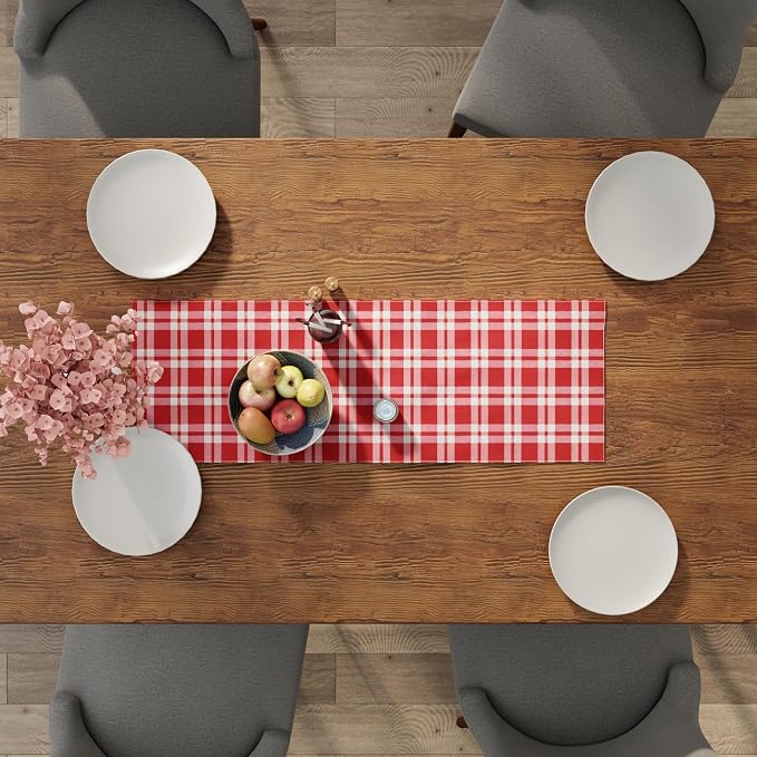 Encasa XO Table Runner, Woven Cotton Dining Runner 13"x36" | Franca Red Checks - Image 5