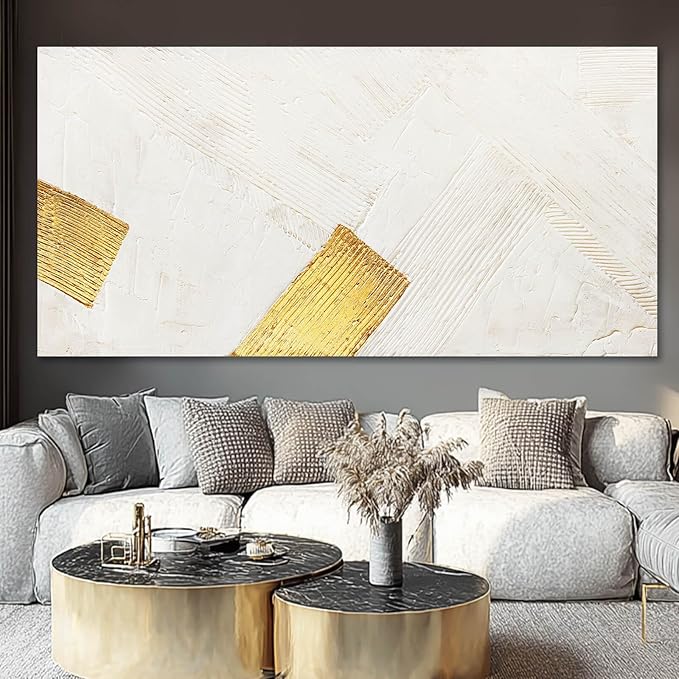 YJYart Large Canvas Wall Art Abstract Wall Decor White Modern Pictures Gold Hand Hand-Drawn Paintings For Home Office Hotel 29"x58"