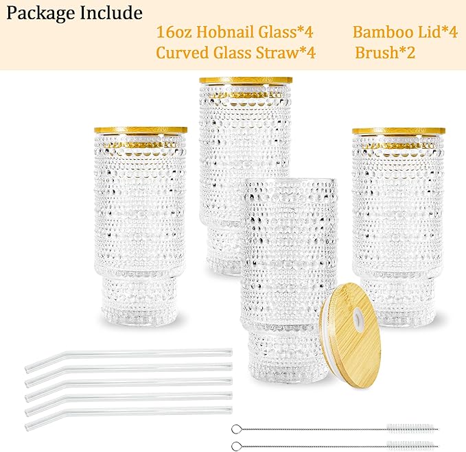 Glass Cups with Lids and Straws 16 oz Hobnail Drinking Glasses | Vintage Iced - Image 7
