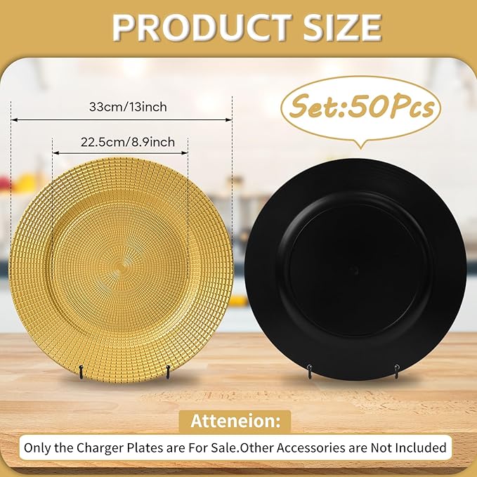 PROY 50 Pack 13" Gold Chargers for Dinner Plates, Round Plastic Chain Shaped Charger Plates,Decorative Gold Chargers for Table Setting, Wedding, Party, Event