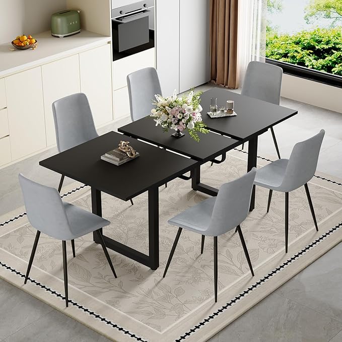 Extendable Dining Table Set for 6, 55"–71" Modern Black Kitchen Table with 6 Upholstered Chairs, Space-Saving for Living Room Apartment, Sturdy & Comfortable, Easy Assembly