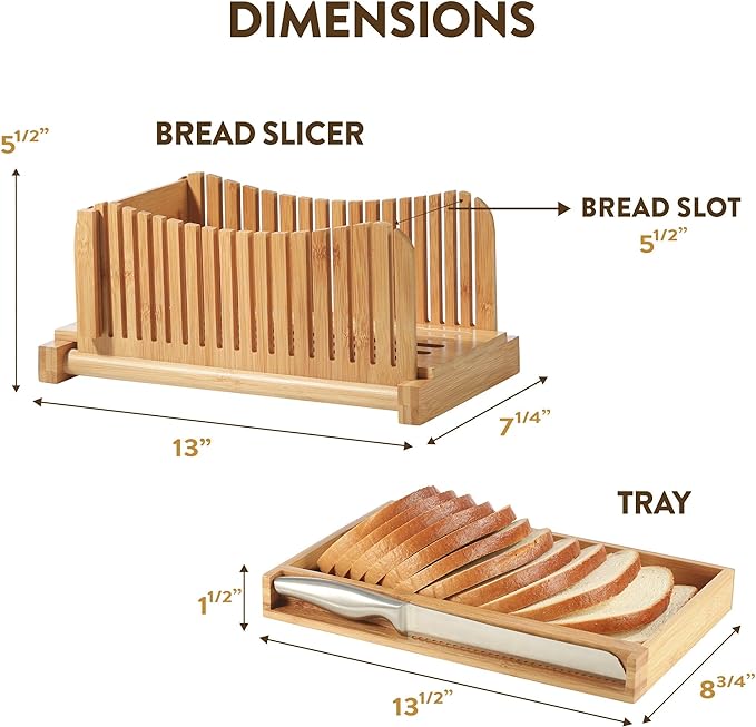 Bread Slicer for Homemade Bread - Adjustable Bamboo Bread Cutter with Knife, Foldable Slicing Guide & Crumb Tray - Bread Loaf Slicer for Sourdough, Cakes, Bagels, Loaves - Kitchen Gadgets Baking Gifts