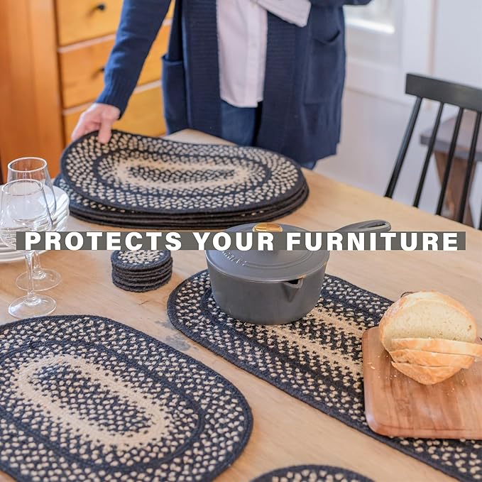 Homespice Manchester Jute Braided Oval Placemats, Country Primitive Decor, Set of 6, 13x19 Black and Tan Table Mats - Vibrant Colors, Durable, Easy to Clean and Protects Furniture