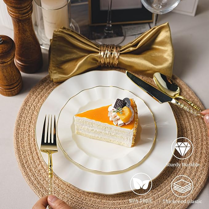 120PCS Ivory White Plastic Plates, Heavy Duty Disposable Party Plate with Gold Rim, Fancy 60 Dinner & 60 Dessert Plates for Parties and Wedding
