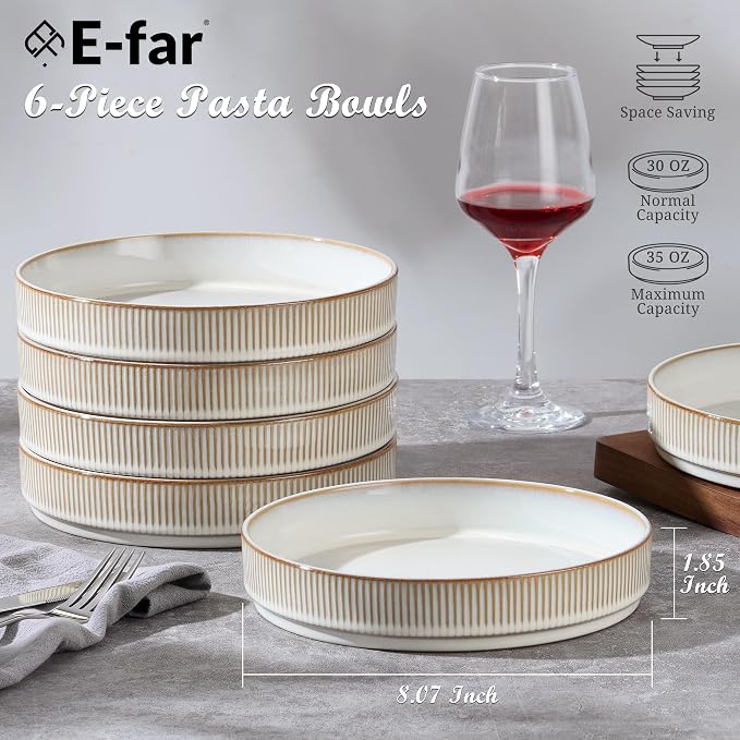 E-far Pasta Bowls Set of 6, 35oz Large Salad Bowl Plate - Image 2