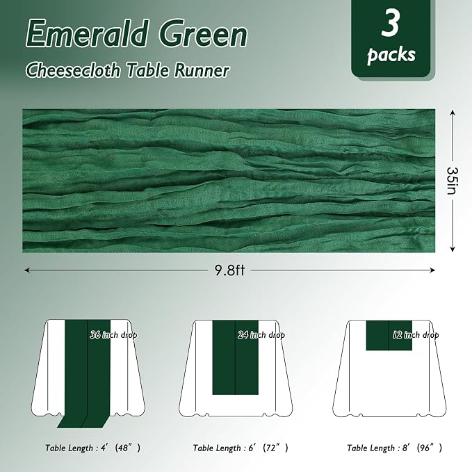 12 Pack Emerald Green Cheesecloth Table Runner 120 Inch Boho Wedding Decor | - Image 2