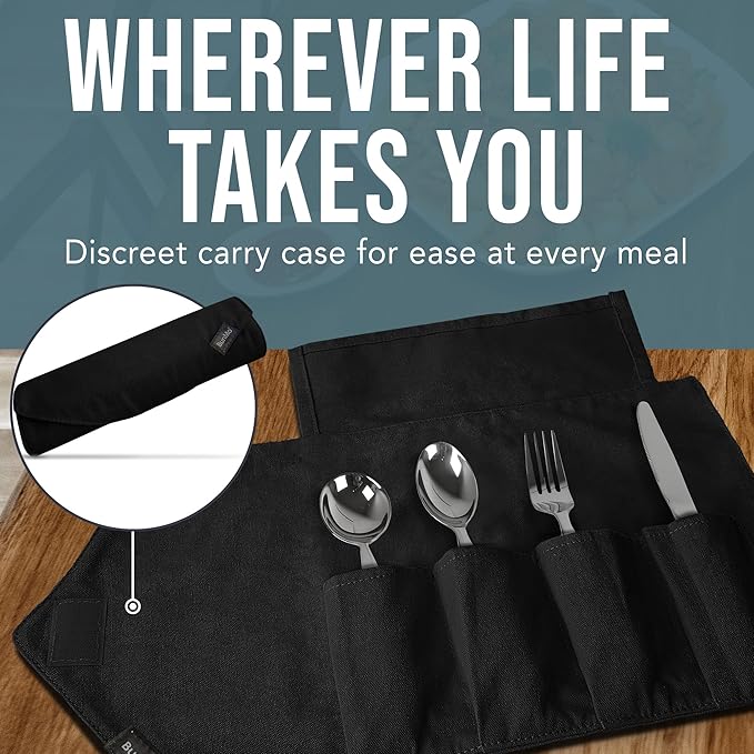 BUNMO Weighted Utensils for Hand Tremors – 4pc Adaptive Utensils for Elderly, Persons w/weak hands – Discreet Travel Wrap, Stainless Steel & Dishwasher Safe – Weighted Silverware Set