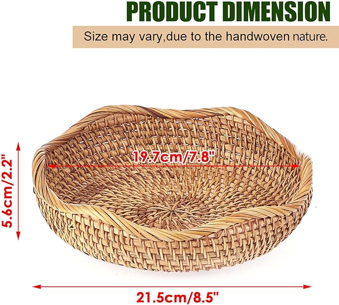 Hipiwe Natural Rattan Tray 8.5" Wicker Storage Bowls Hand Woven Basket Tray for Bread Fruit Key Round Fruit Baskets for Kitchen Entryway Tabletop Decorative Baskets Bowl
