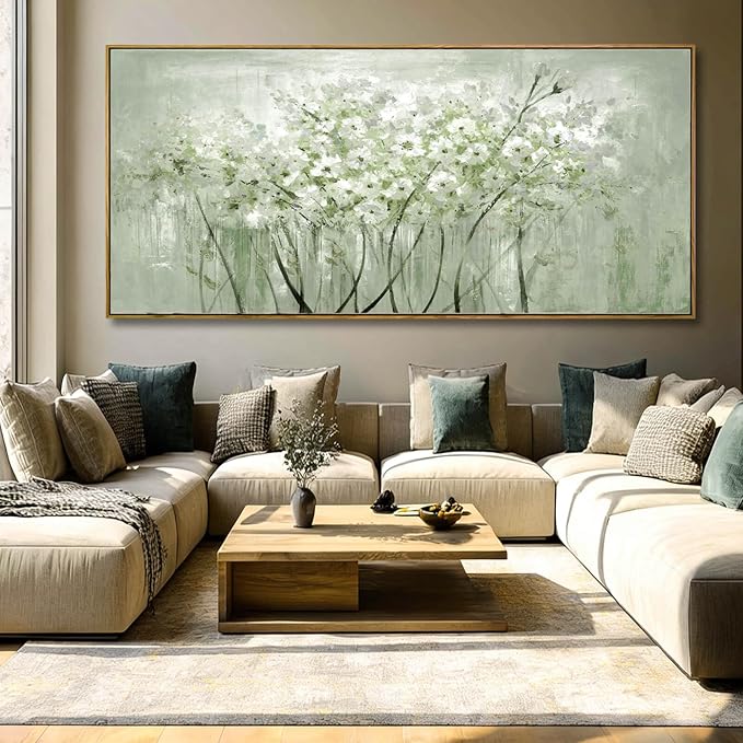 Green and White Floral Wall Art Blossom Canvas Painting Nature-Inspired Artwork Large 40x88 Modern Framed Wall Decor for Living Room Bedroom Office