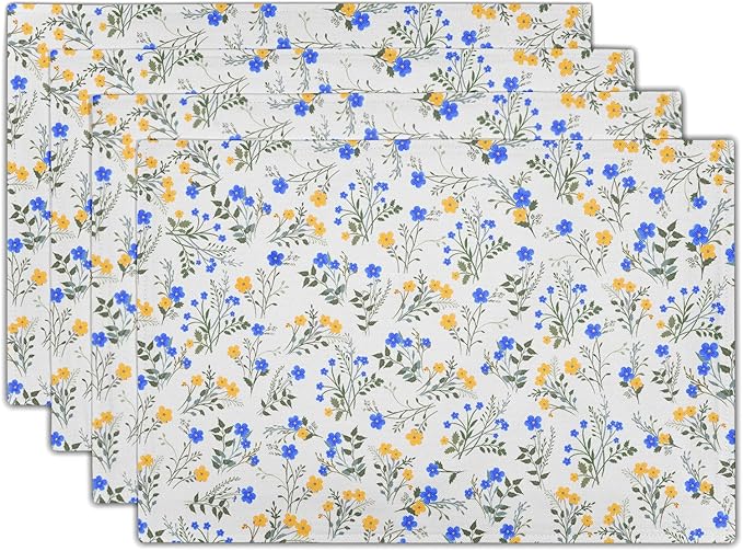 Spring Summer Placemats - Blue Yellow Floral Place Mats Set of 4 Botanical Flower Tablemats 12x18 for Party Kitchen Dining Farmhouse